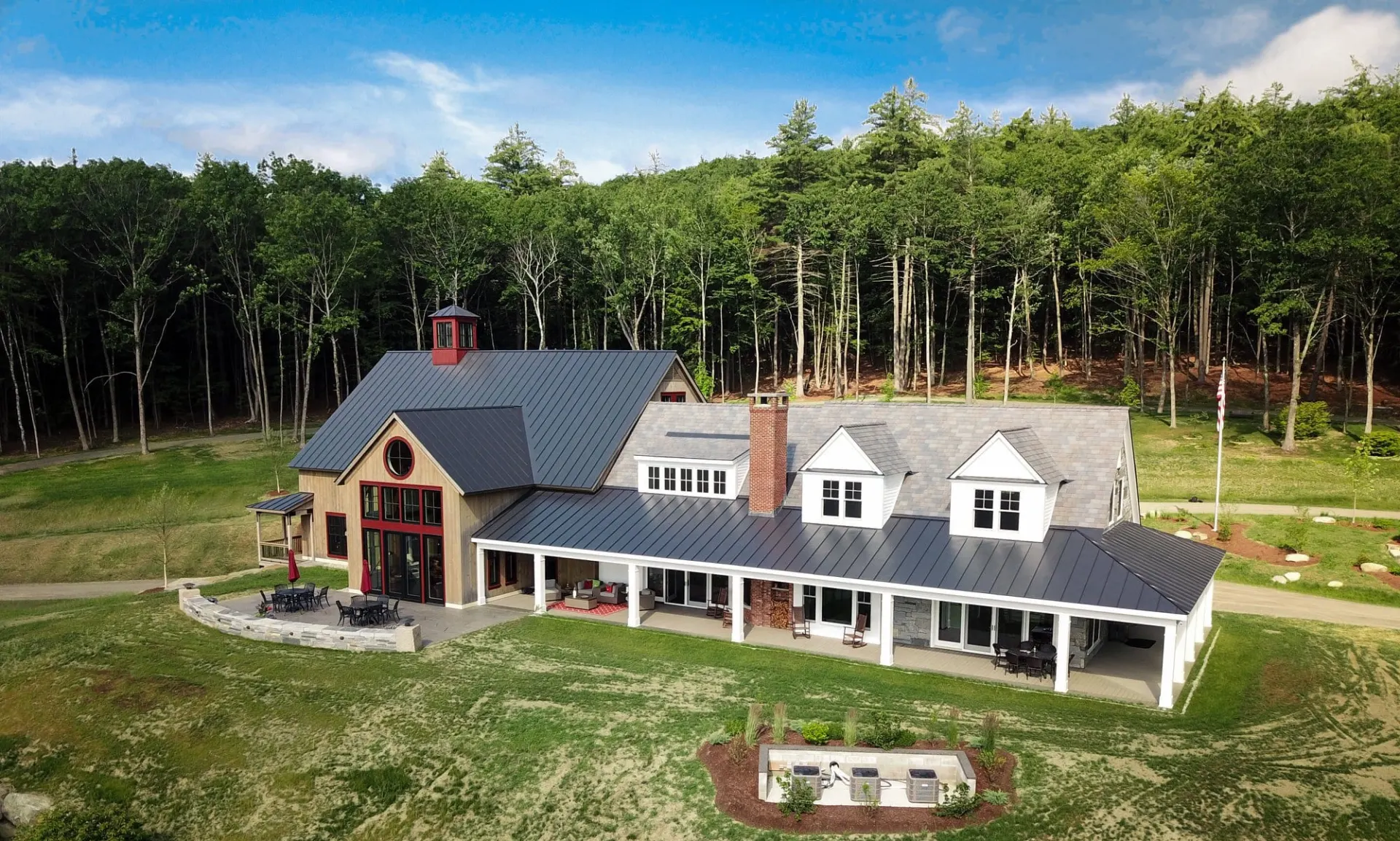 Aerial view of a completed Crown Point Contracting custom home